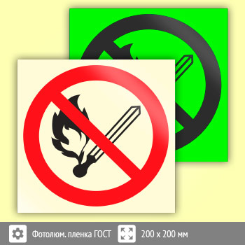 Знак P02 «Запрещается пользоваться открытым огнем и курить» (фотолюминесцентная пленка ГОСТ 34428-2018, 200х200 мм)
