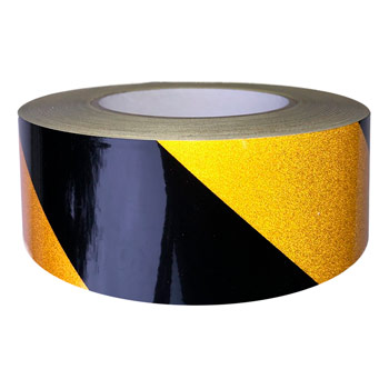 Светоотражающая сигнальная лента (тип А, ЧЕРНО-ЖЕЛТАЯ 45°, 100 мм х 45,7 м)